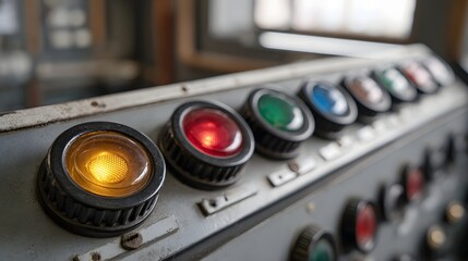 Close up of a vintage industrial control panel with a row of colorful illuminated indicator lights