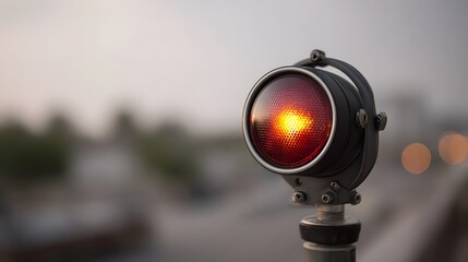 Close up of a vintage red warning signal light glowing at dusk with a blurred background