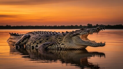 A large crocodile with open jaws basks in serene water at sunset