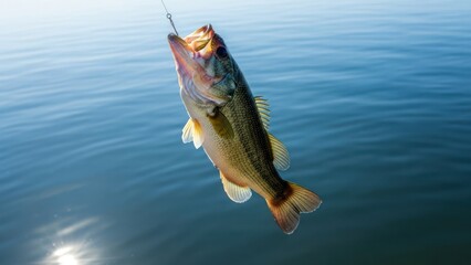 A largemouth bass is hooked, dangling above calm water, with sunlight on its scales