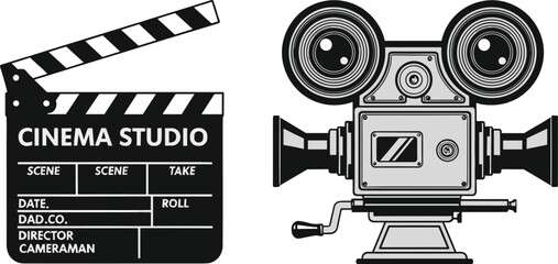 Fototapeta premium Cinema studio clapperboard and vintage film camera illustration for movie production filmmaking and media design vector