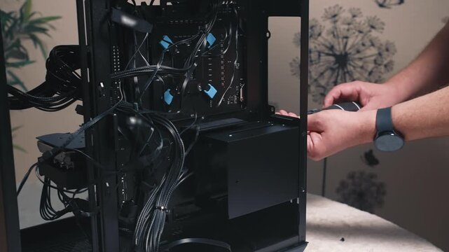 A hand is placing the final screw into the computer case to firmly secure the SSD cage in place, completing its installation before proceeding with further assembly
