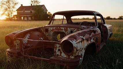 Old rusty car body in abandoned field at sunset