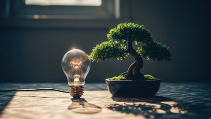 A light bulb glowing bright beside a bonsai tree, soft light from a window