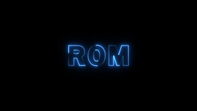 Glowing neon rom text animation. Alpha matte on a black background 4K resolution.