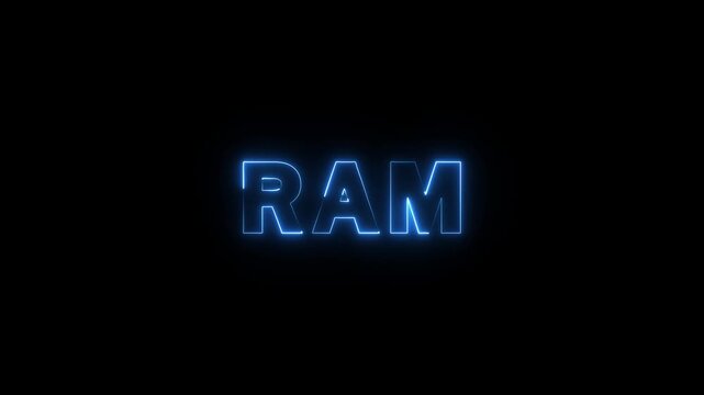 Glowing neon ram text animation. Alpha matte on a black background 4K resolution.