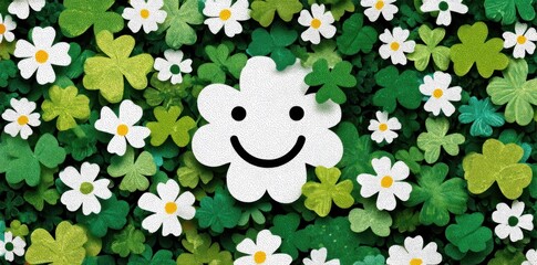Smiling flower face surrounded by clovers and daisies symbolizing joy luck nature and positive energy Generative AI
