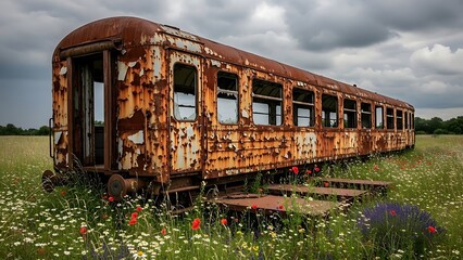 old rusty train car in a field of wildflowers
