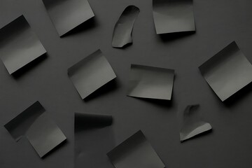 Abstract arrangement of fragmented dark shapes floating above a black background