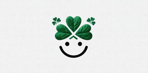 Minimalist smiley face with green clover leaves as hair on white background symbolizing happiness luck and simplicity Generative AI