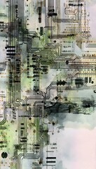 Retro circuit watercolor illustration evokes vintage tech design and abstract electronic artistry