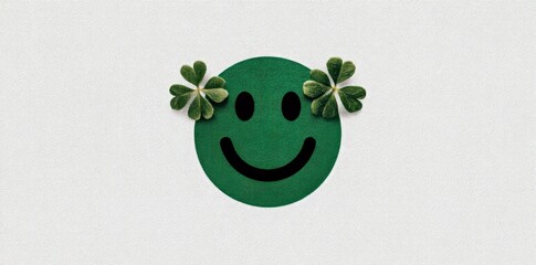 Green smiley face with clovers as ears on white textured background symbolizing happiness, nature, and good luck Generative AI