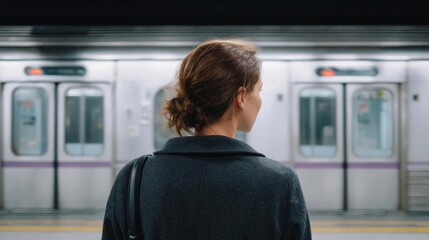 Obraz premium Young woman standing in a subway station, facing away from the camera. she is wearing a black coat and has her hair tied up in a messy bun.