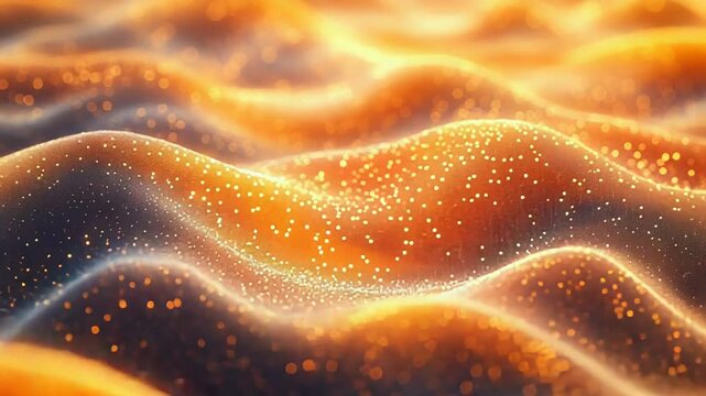 Abstract digital rendering showing shimmering golden particles floating and glowing across a surface with soft undulating waves, creating a dynamic background texture