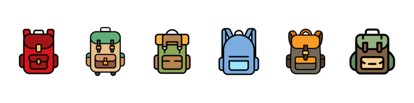 Backpack color icon set. Travel and camping rucksack colorful symbols for hiking, tourism and outdoor adventure concepts. Backpack bag illustration in multicolored styles, isolated.