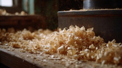 Close-up of a pile of wood shavings on a wooden surface. the wood is light brown in color and appears to be freshly shavaged.