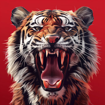 Fierce roaring tiger with open mouth on red background, symbol of wild power, aggression, energy and primal predator strength