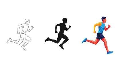 Obraz premium Collection of three distinct running man icons including a vibrant colored illustration a silhouette and a clean outline drawing