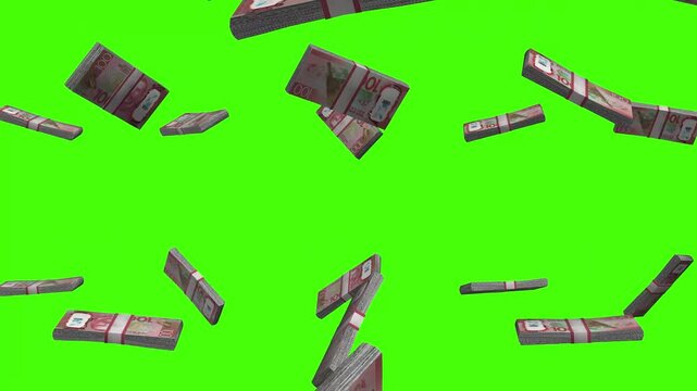 New Zealand Dollar banknotes falling on green screen, NZD currency rain