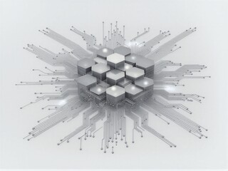 Abstract circuit design radiating from central hexagonal core, futuristic tech aesthetic.