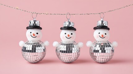 Three disco snowman ornaments with black hats hanging on garland string against pastel pink background