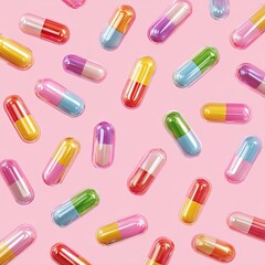 Colorful glossy capsules scattered on pastel pink background in seamless medical or pharmaceutical pattern