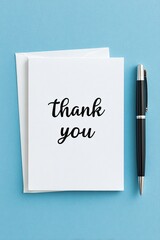 Elegant thank you card with black script text and pen on blue background for gratitude and appreciation