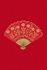 Golden floral decorative hand fan on red background symbolizing tradition elegance and Asian culture