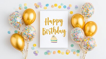 Birthday card with colorful confetti balloons and golden text on white background for party celebration