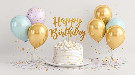 Birthday cake with gold and pastel balloons confetti and golden text on light background celebration