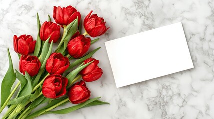 Red tulip bouquet with blank white card on marble background for romantic message greeting or invitation