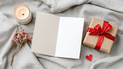 Romantic card with candle gift and red ribbon on soft fabric background for love message celebration scene