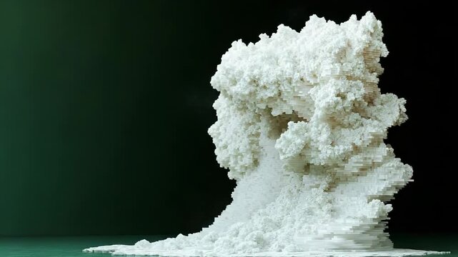 White abstract 3d sculpture of stacked cubes forming a cloud like, blocky organic formation with soft mist against a serene green blue background, minimalist volumetric texture