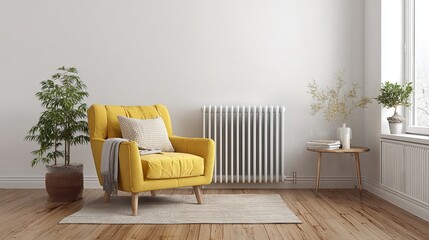 Modern cozy interior with yellow armchair, plants, and wooden decor in bright minimalist living room