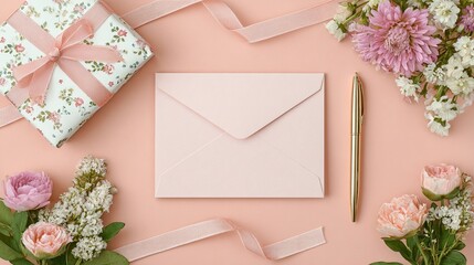Romantic floral flat lay with pink envelope, golden pen, gift box, ribbon and blooming flowers on pastel