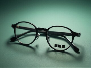 Black round glasses rest on green surface, sleek design, minimalist aesthetic.