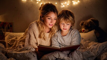 Mother and child reading a bedtime story under cozy blanket with warm lights and teddy bear in background