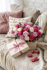 Romantic flower arrangement with pink and white roses in gift box on cozy sofa with soft textured pillows