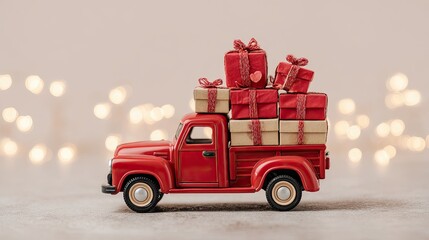 Vintage red toy truck loaded with festive gift boxes wrapped in red and gold ribbon with soft lights