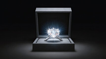 Brilliant diamond ring in textured dark box on black background with radiant sparkle and luxury lighting