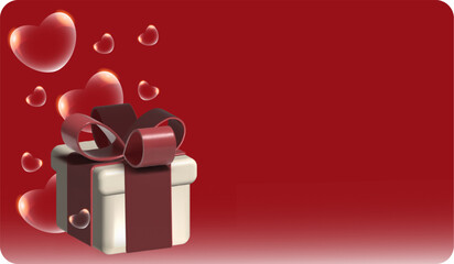 Gift card or greeting card with illustrated beige gift box and transparent hearts on solid red background with copy space