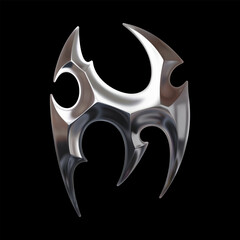 3D chrome letter M with sharp tribal geometry, futuristic cybersigilism