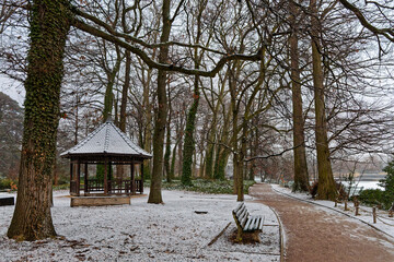 Snow on the trees and the lake of Parc de la Tete d'Or in Lyon, France