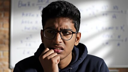 A young student grapples with challenging math problems in a warm classroom filled with natural light. His expressions reveal deep thought and frustration as he seeks answers.