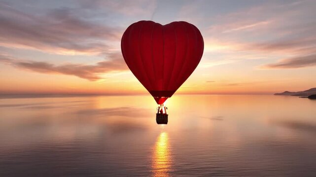 Heart-shaped hot air balloon at sunset over calm ocean