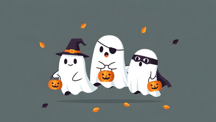 Cartoon Ghosts with Halloween Costumes and Pumpkins.