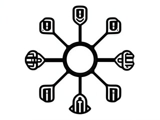 Black and white radial design featuring central square with eight unique, stylized arms extending outward.