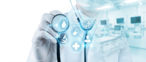 Doctor with a stethoscope and digital medical icons in a hospital background. Concept of smart healthcare, telemedicine, innovative clinical diagnosis, and professional medical services.