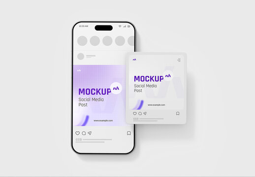 Smartphone with Social Media Square Post Mockup