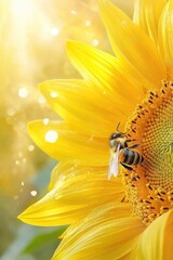 Close-up of bee pollinating a vibrant yellow flower in sunlight